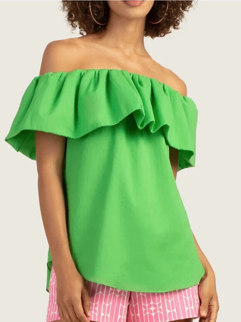 Trina Turk Green 'Air' Off-The-Shoulder Ruffled Cotton Top Size Large
